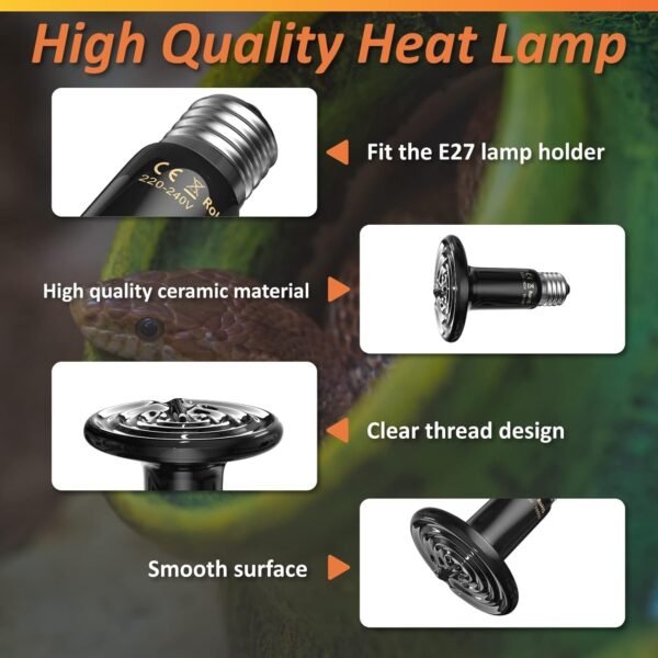 100W Reptile Pet Heat Lamp Ceramic Emitter Black 2 Pack