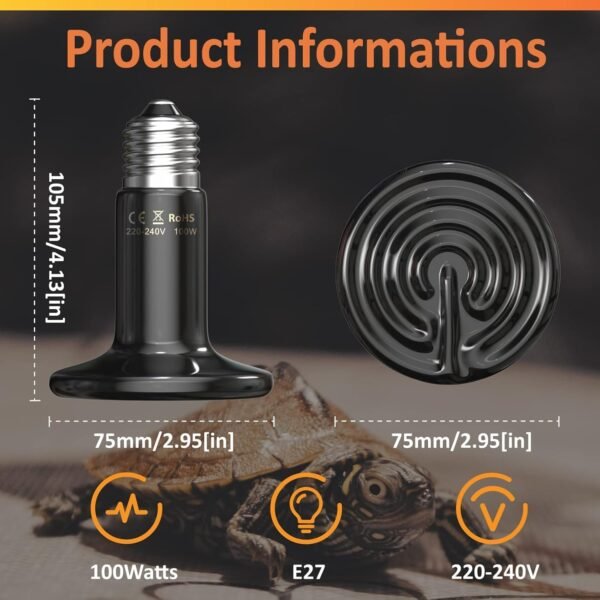 100W Reptile Pet Heat Lamp Ceramic Emitter Black 2 Pack