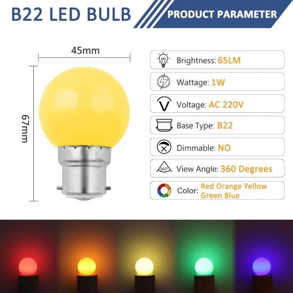 10 Pack B22 1W G45 Bayonet Coloured LED Bulbs