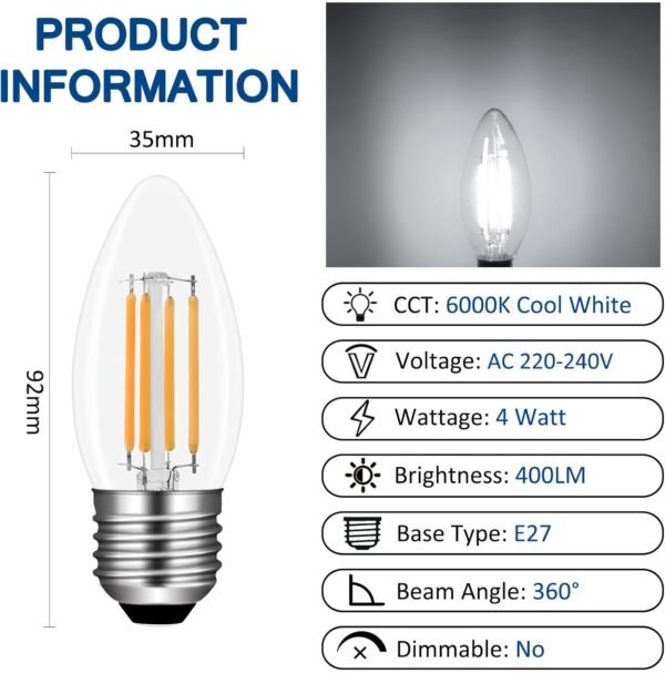 C35-E27-LED-4W1 C35 E27 LED Filament Candle Light Bulbs 4W AC 220V 6pcs