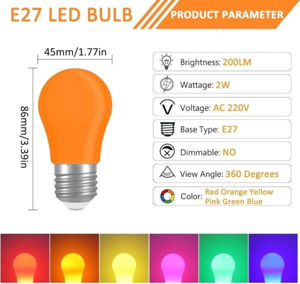 12 Pack E27 Screw Coloured LED Bulbs 2W