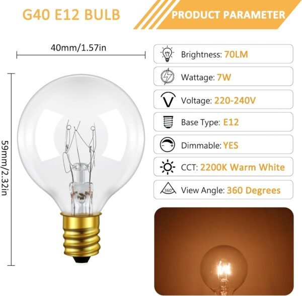 25 Pack G40 E12 7 Watt Incandescent Replacement Bulbs