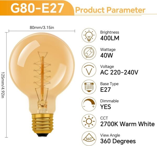 E27 G80 Globe Vintage Edison Light Bulbs 2 Pack