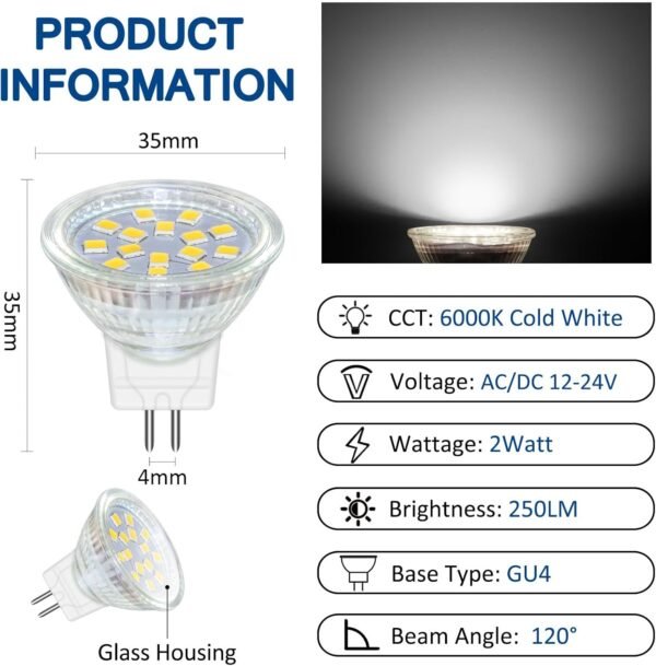 MR11 GU4 2W LED 250LM, AC DC 12V-24V 6PCS