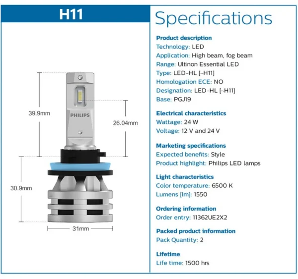 Philips-Ultinon-Essential-G2-LED-H11A Philips Ultinon Essential G2 LED H11 6500K Car Head Light