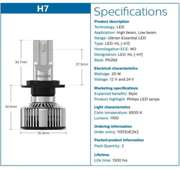 Philips Ultinon Essential G2 LED H7 6500K Car Headlight