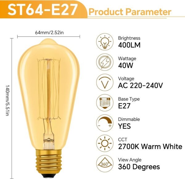 ST64 E27 Edison Vintage Light Bulbs Warm White 2700K Dimmable 3 Pack